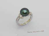 spr230 Sterling Silver Rings with 10-10.5mm Black Bread Freshwater Pearl & Cubic Zircon