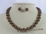 spset032 12mm coffee shell pearl necklace earrings set in wholesale