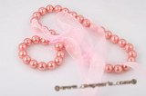 spset064 14mm peach shell pearl necklace& bracelet jewelry set with ribbon tie