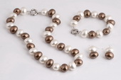 Spset071 Hand Knotted White& Coffee Oval Sea Shell Pearl Costume Necklace