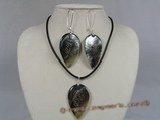 sset014 leafe shape 30*52mm Mop W/ Handpainted rose design pendant with earrings set