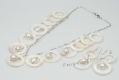 sset031 Hand Crafted Cultured Pearl and Circles shell Chain Necklace