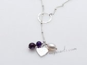 Stcn009 Fashion cultured pearl& Amethyst  silver toned metal lariat necklace