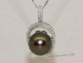 thpd124 Sterling Silver Cubic Zirconia Double Circle Pendant With Black Tahitian Pearl