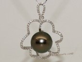 thpd126 Sterling Silver Tahitian Pearl Blossom Pendant Zircon Bead accent