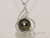 thpd154 Sterling Silver Black Tahitian Pearl Pendant Zircon Bead accent