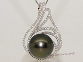 thpd157 Sterling Silver Black Tahitian Pearl Pendant Zircon Bead accent