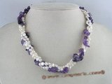 tpn001  Three twisted strands 4-5mm white pearl necklace with amethyat beads