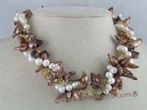 tpn006 Three twisted strands 8-9mm coffee Blister pearls necklace with crystals beads