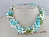 tpn008 Three twisted strands 9-10mm blue Blister pearls necklace with crystals beads