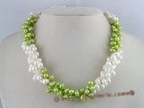 tpn011 three twisted strands 6-7mm white mixing green side-drilled pearls necklace
