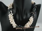 tpn012 three twisted strands 6-7mm white mixing black side-drilled pearls necklace