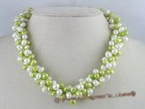 tpn021 three twisted strands 6-7mm white mixing light green top-drilled pearls necklace
