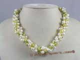 tpn025 twisted white side-dirlled pearl necklace with green nugget pearl