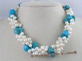 tpn038 Triple strands twisted 6-7mm white side-dirlled pearl necklace with nugget turquoise