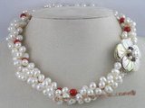 tpn041 Three twisted necklace white 6-7mm white side-drilled pearl