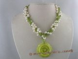 tpn048 three twisted  strands 6-7mm white top-dirlled cultred pearl necklace with olivine beads