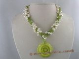 tpn048 three twisted  strands 6-7mm white top-dirlled cultred pearl necklace with olivine beads
