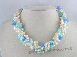 tpn050 three twisted strands 6-7mm white side-dirlled pearl necklace alternated with bilster pearl