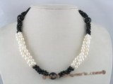 tpn059 three strands 6-7mm potato cultred pearl twisted necklace with black agate