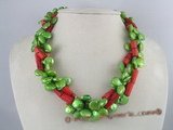 tpn065 Side-dirlled green coin pearl twisted necklace with coral