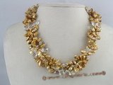 tpn067 Twisted champagne keshi pearl necklace with crystal beads