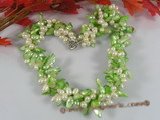 tpn109 Triple strands side-dirlled pearl&green blister pearl twisted necklace
