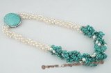tpn153 White rice pearl 4 strand necklace with turquoise seeds highlight