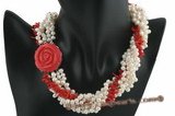 tpn154 17 Inch - Designer Style White Pearl and coral Choker necklace
