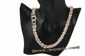 tpn165 Triple rows pink nugget pearl and crystal twisted necklace