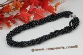 tpn174 Designer Six Rows Black Rice Shape Cultured Pearl Twisted Necklace