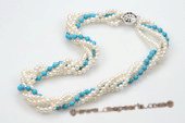 tpn183 Fashion Five Rows 4-5mm Freshwater Pearl and Turquoise Twisted Necklace