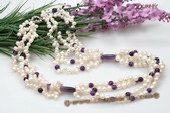 tpn184 Four Rows Freshwater Pearl Twisted Necklace with Amethyst Beads