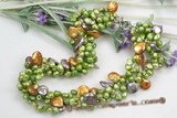 tpn190 Three strands  6-7mm green freshwater nugget pearl twisted necklace