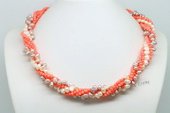 Tpn218 White, Pink Pearl and Coral Multi Strand Twisted Necklace