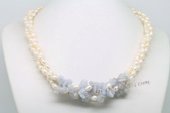 Tpn220 Three strand White Rice Pearl Necklace with Gemstone beads