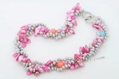 Tpn224 Pink Blister Pearls and Grey Side Drilled Pearl Twisted Necklace