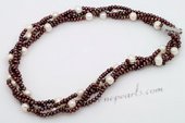 Tpn225 Elegant Triple Strands Brown Seed Pearl Twisted Necklace