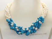 Tpn243 Five strand white cultured pearl and blue turquoise twist necklace