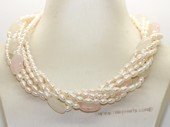 Tpn244 Five strand white cultured pearl and rose quartz twist necklace