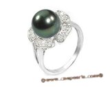 Tpr001 10-11mm Tahitian Pearl & Clear CZ's Ring in Sterling silver