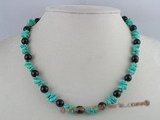 tqn022 Green nugget turquoise single strand necklace with balck agate