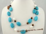 tqn043 Two strand Oval Turquoise and shll pearl beads Necklace in silver plated