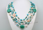 tqn061 Stylish four strands Turquoise and pearl beads Necklace in Gold toned