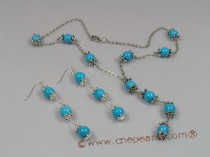 tqset003 Y Style Silver toned Rolo Necklace set with 8mm Turquoise beads