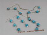 tqset003 Y Style Silver toned Rolo Necklace set with 8mm Turquoise beads