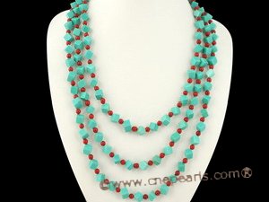 tqset019 Wholesale Square green turquoise and red coral triple strand necklace