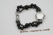 wbr106 Hand kontted Twisted Black Potato Pearl Steel Watch Bracelet