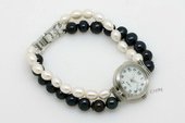 wbr107 Handmade White and Black Cultured Pearl Twisted Watch Bracelet