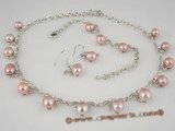 wn029 Silver tone flower pattern bridesmaids jewelry set with purple pearl